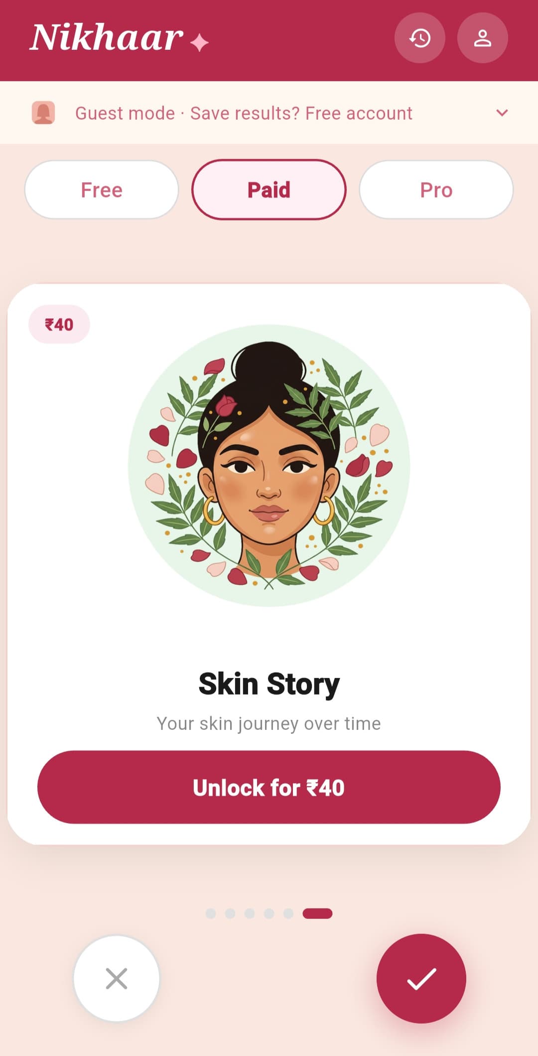 Nikhaar AI Skin Story scan result screen showing skin progress over time